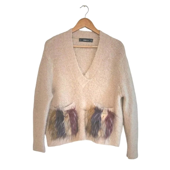 ZARA Fuzy Sweater Women's Medium Camel Multi Textured Pockets Mohair Wool - Picture 1 of 9